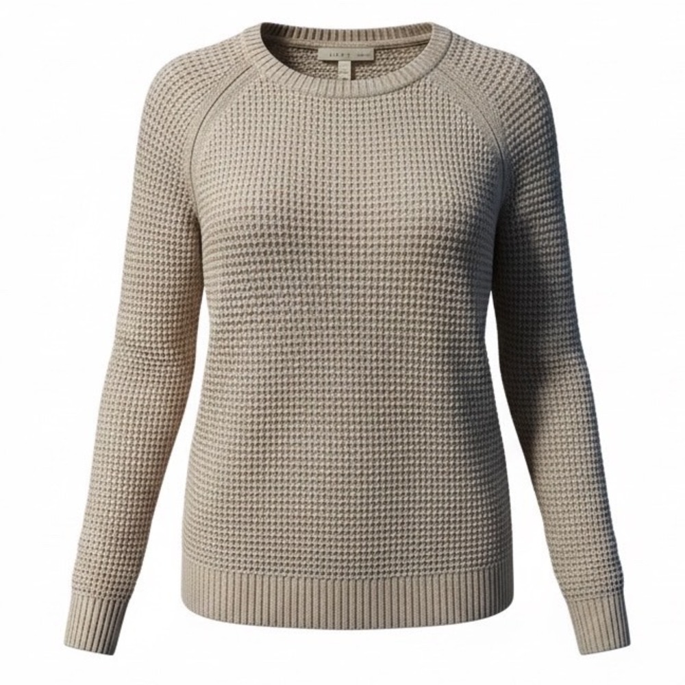LOFT Petites Oatmeal Tan Basketweave Knit Wool Blend Sweater‎ Crew Size Medium